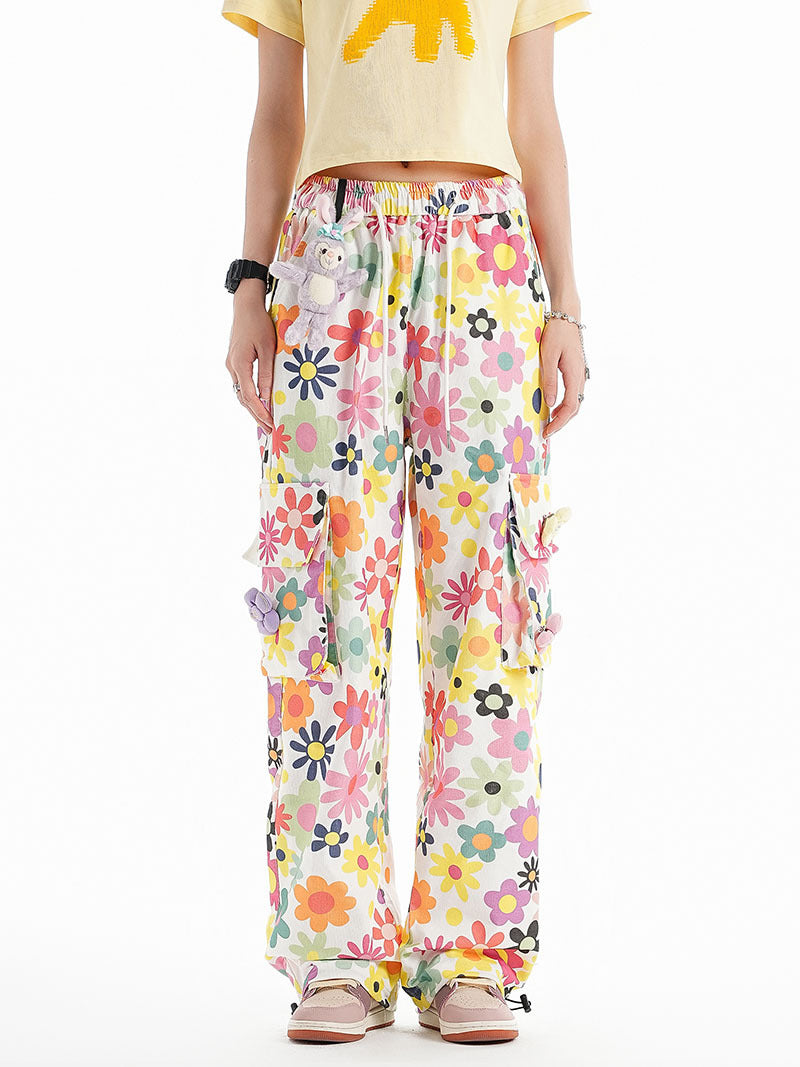 Harajuku Street Sweet Cool Style Flowers Full Printed Leisure Wide-leg Casual Pants