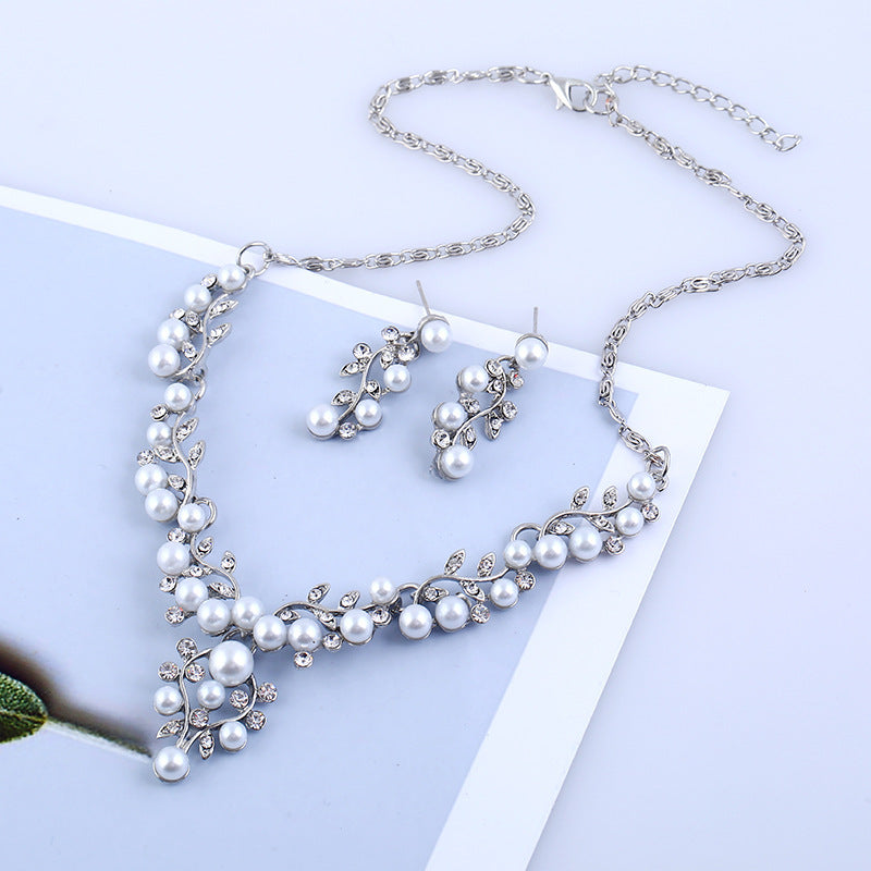Fashion chain set sweet temperament all-match pearl diamond earrings necklace bride suit