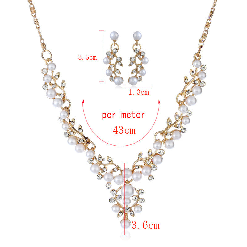 Fashion chain set sweet temperament all-match pearl diamond earrings necklace bride suit