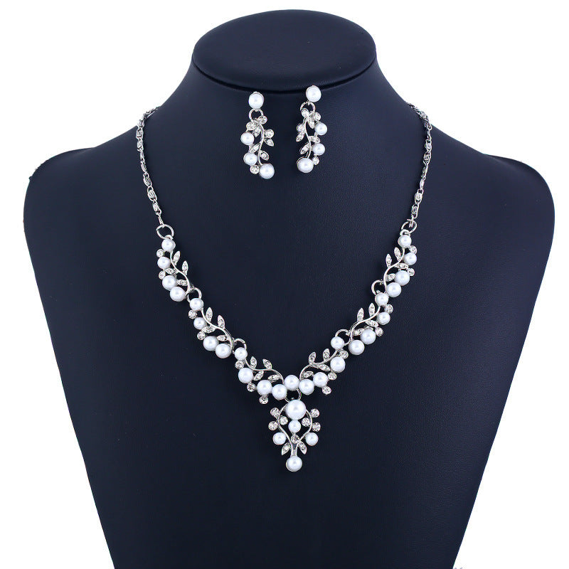 Fashion chain set sweet temperament all-match pearl diamond earrings necklace bride suit
