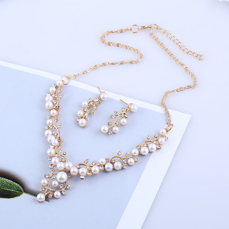Fashion chain set sweet temperament all-match pearl diamond earrings necklace bride suit