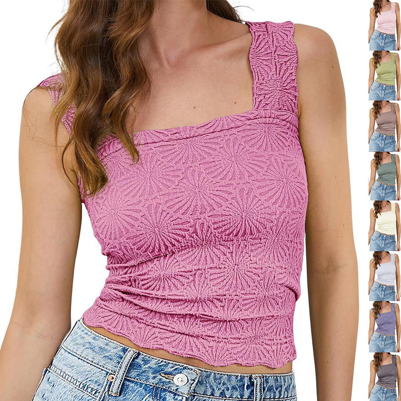 New Slim Fit Square Neck Vest Summer Fashion Jacquard Sleeveless Top For Women Clothing