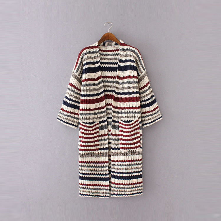 Knitted and Color Striped Double Pocket Mid-length