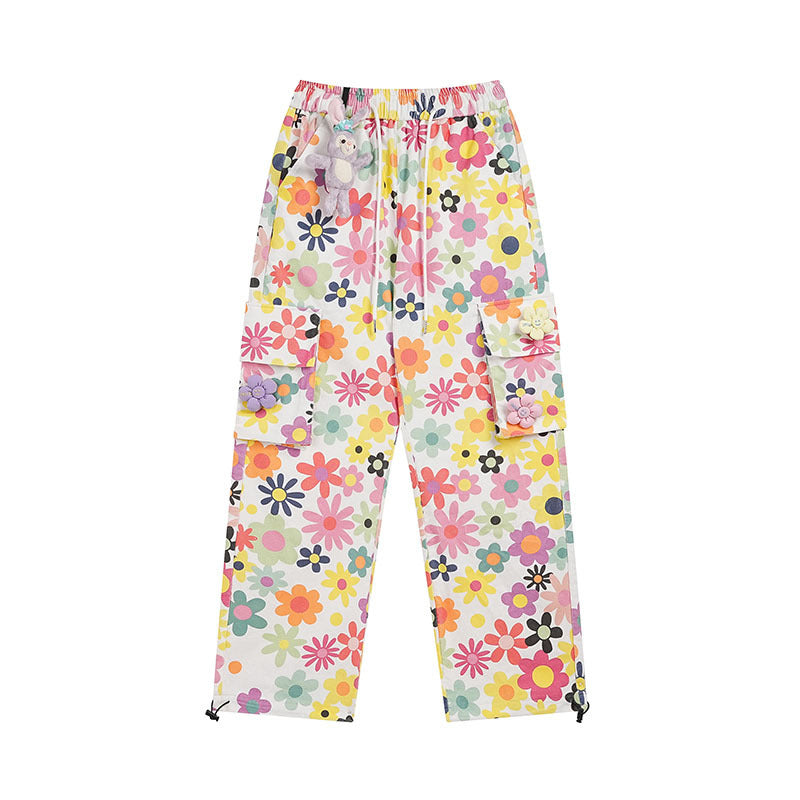 Harajuku Street Sweet Cool Style Flowers Full Printed Leisure Wide-leg Casual Pants