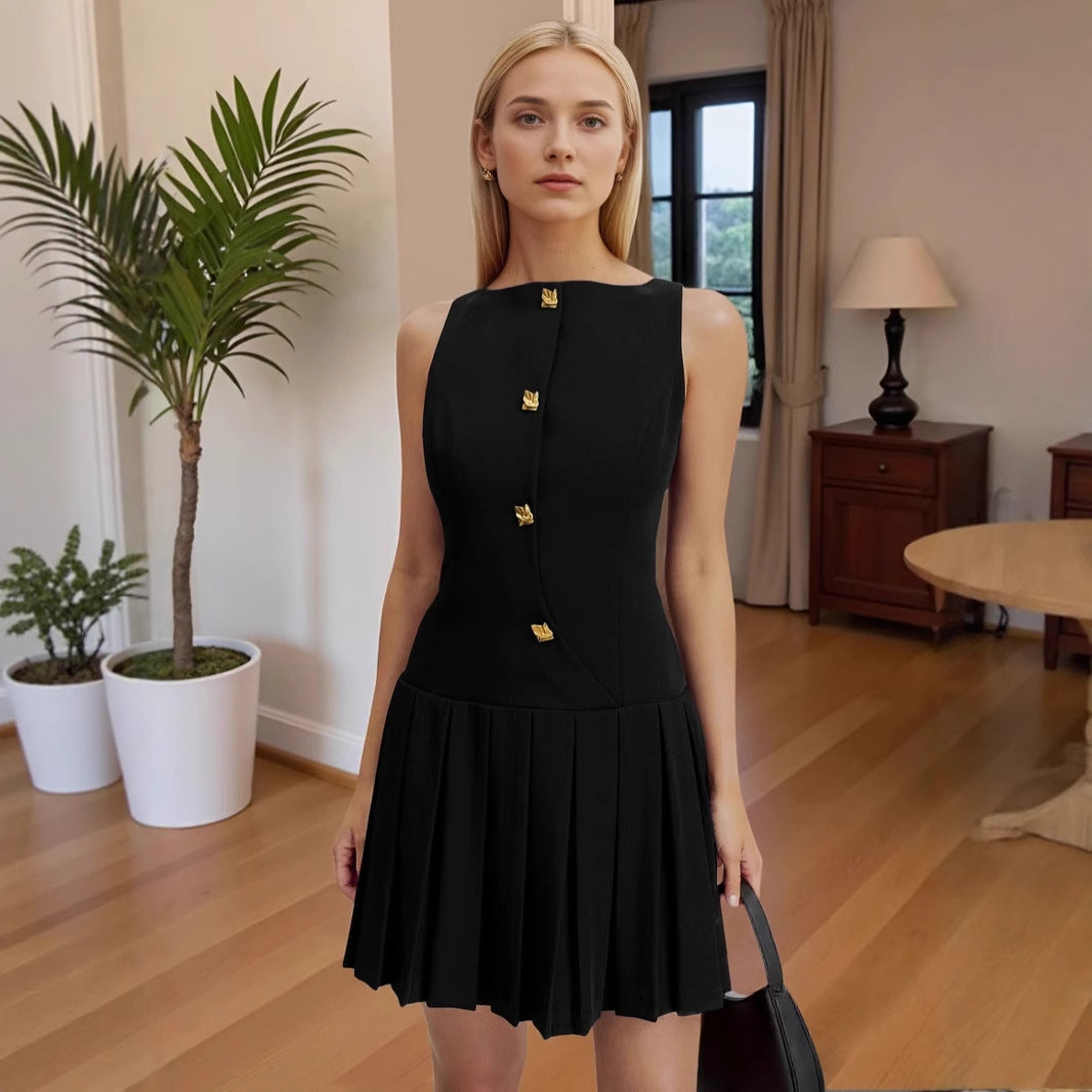 Minimalist Womens Dress With A Distinctive Pleated Cinched Waist