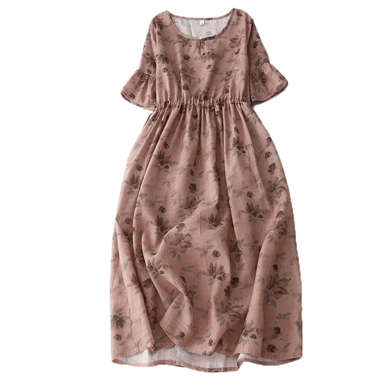 Summer Elegant Cotton And Linen Floral Belly-covering Dress