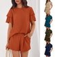 Women's Fashionable Casual Two-Piece Set Crew-Neck Short-Sleeve Top And Shorts