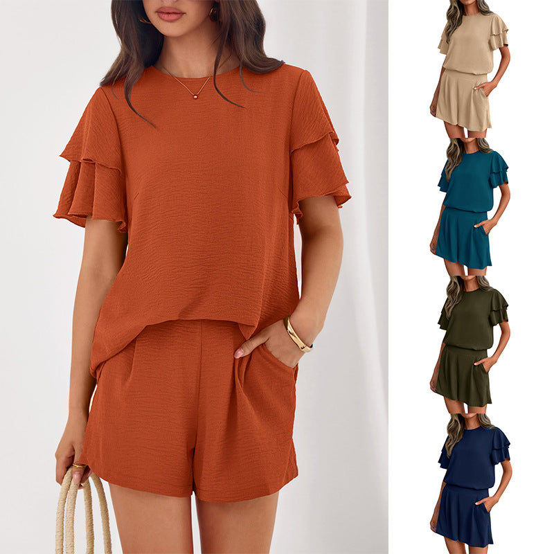 Women's Fashionable Casual Two-Piece Set Crew-Neck Short-Sleeve Top And Shorts