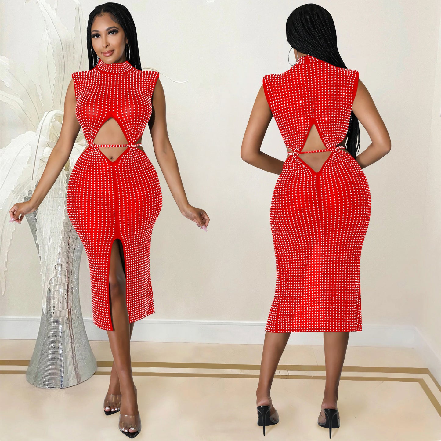 Fashion Mesh See-through Rhinestone Hollow Split Dress Women's Clothing