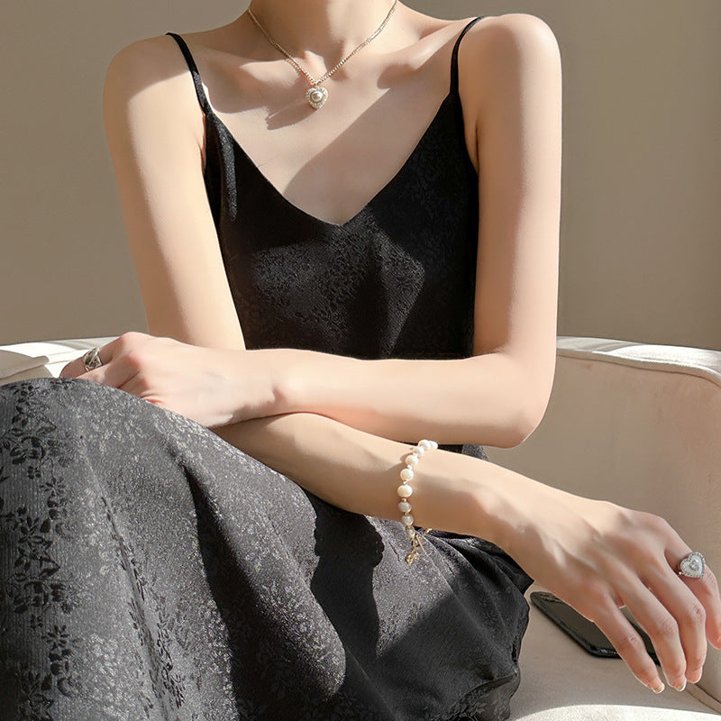 Robe à bretelles en satin acétate, col en V, pour femme