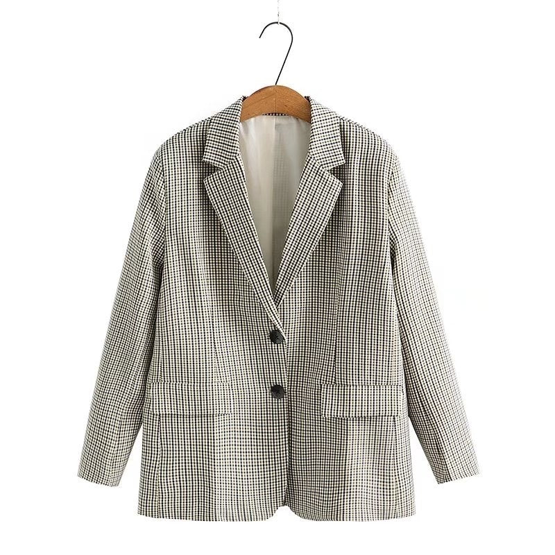 Veste de costume slim décontractée à carreaux rétro pour femme, grande taille