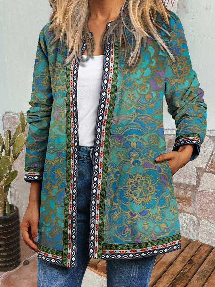 Vintage Ethnic Print Long Sleeve Jacket Cardigan Women's