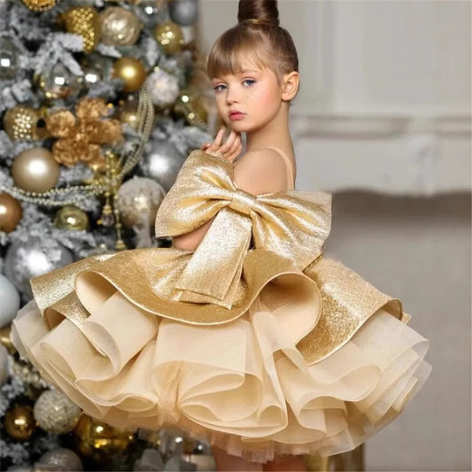 New Gold Satin One Year Old Celebration Dress Western Style Baby Girl Princess Dress
