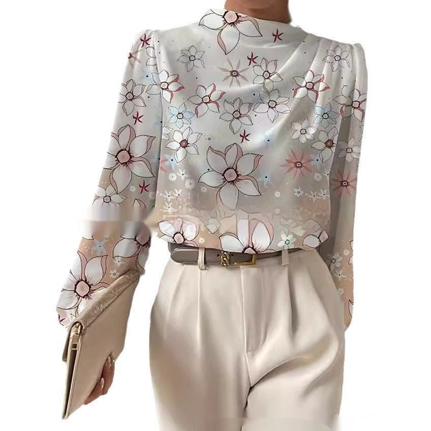 Half Turtleneck Lantern Sleeve Printed Top