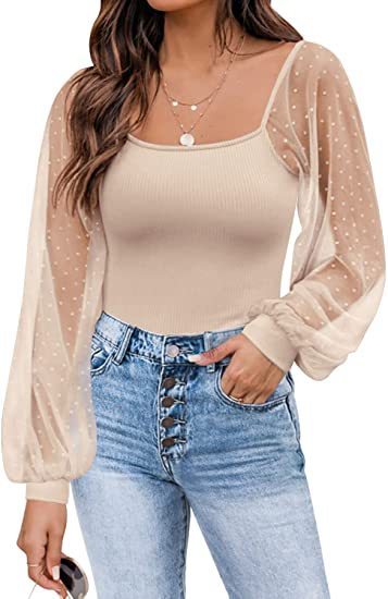 Women's Lantern Sleeve Stitching Slim Top