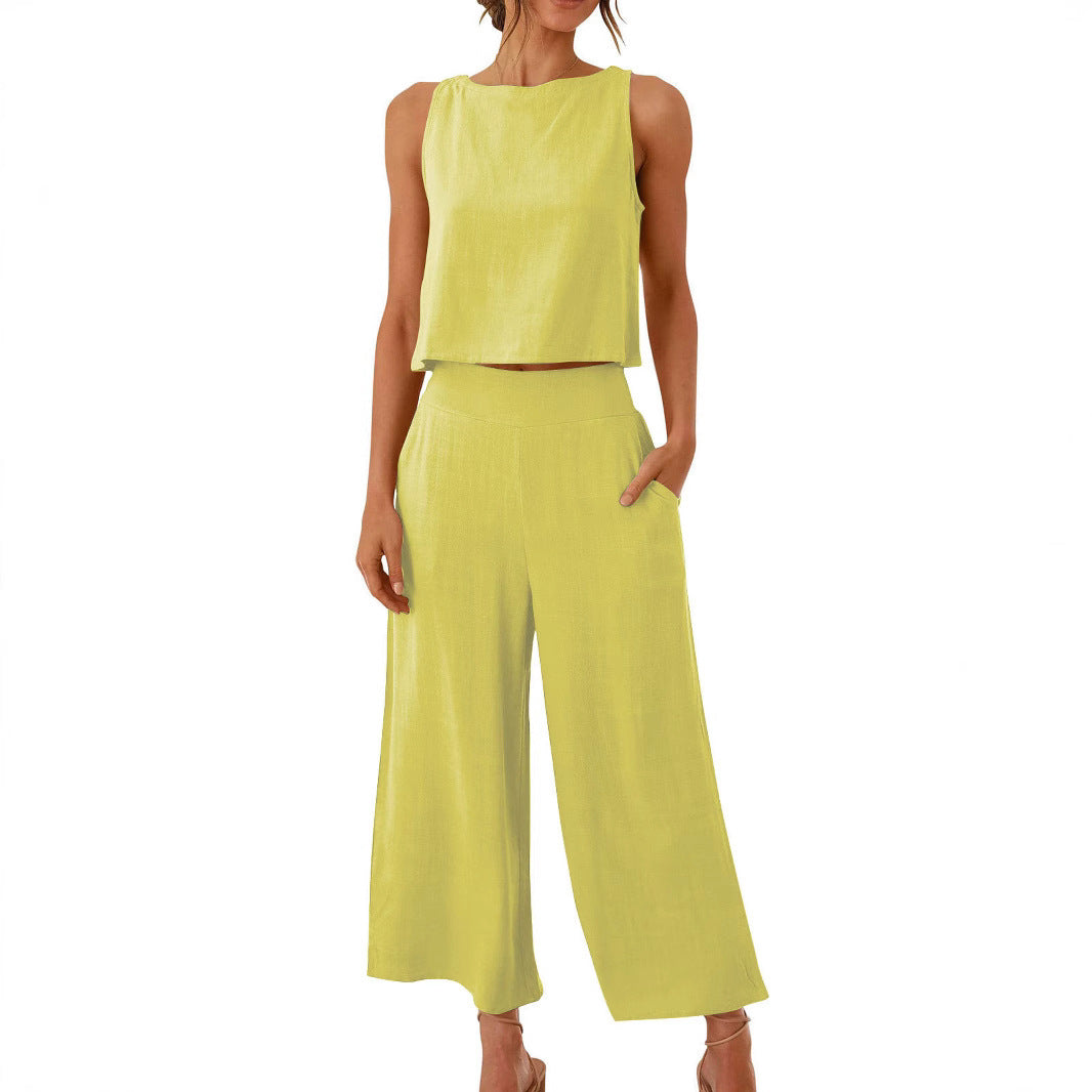 New Casual Sleeveless Top Wide Leg Trousers Suit