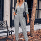 Women's V-neck Long-sleeved Belt Jumpsuit