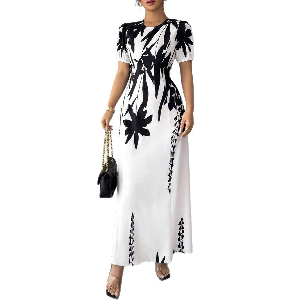 Women's Fashion Round Neck Printed Bubble Sleeve Long Dress