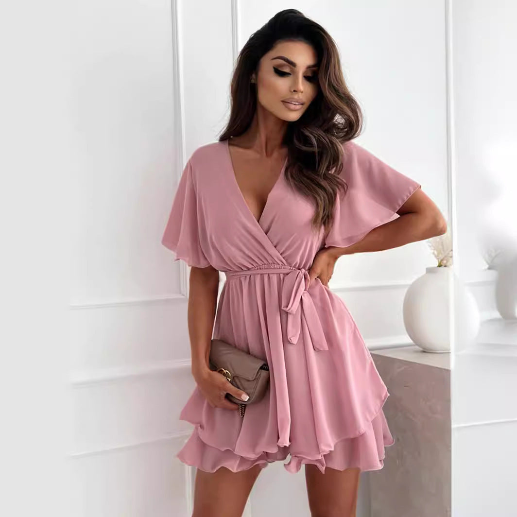 European And American V-neck Cross Straps Mini Skirt Ruffled Hem Chiffon Dress