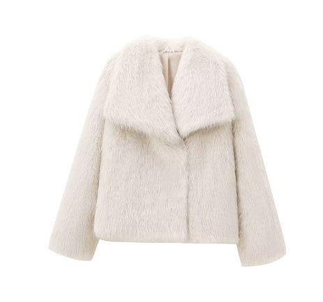 Cardigan à revers et manches longues en fausse fourrure pour femme, manteau court et ample