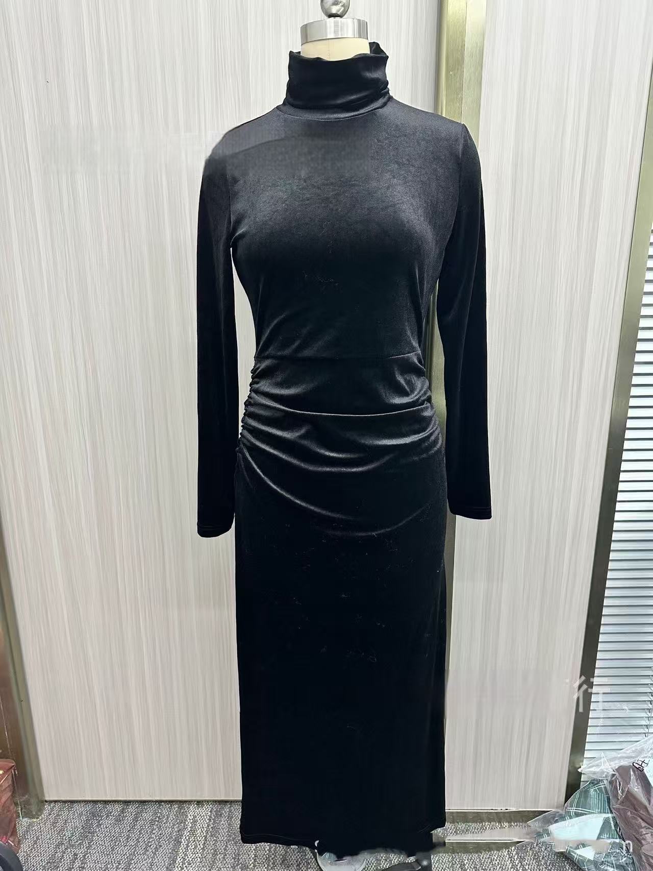 Black Velvet Half Turtleneck Dress Women