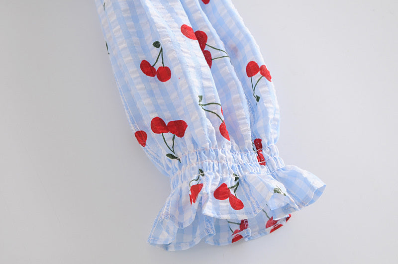 Women's Fashion Cherry Print Plaid Slim Top