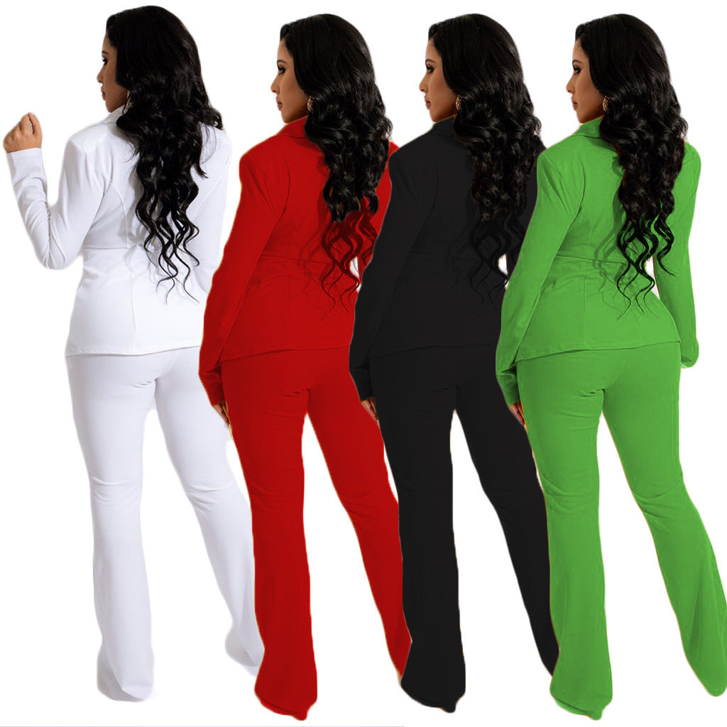 Ensemble deux pièces pour femme, couleur unie, col en V, tendance et professionnel