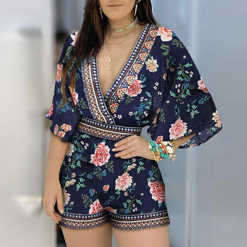 Women's Fashion Partial Print Jumpsuit Shorts