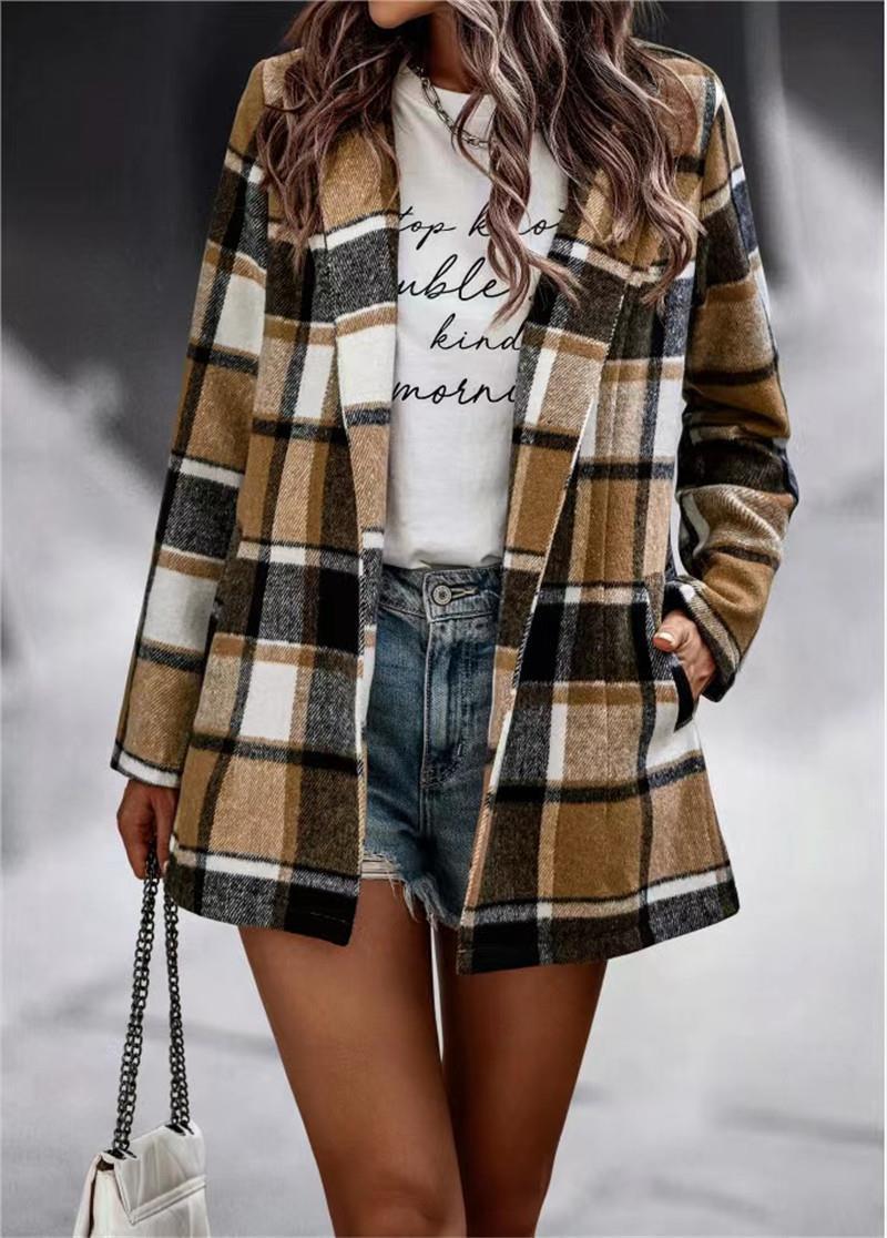 Women's Loose Printed Checks Long Sleeve Pocket Woolen Coat Cardigan Top