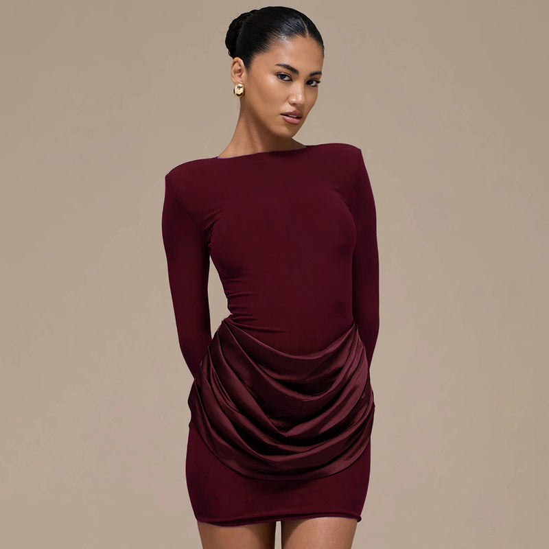 Casual Slim-fit Crew-neck Long-sleeve Ruched Mini Dress
