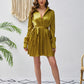 Design Sense Lace-up Long Sleeve Pleated Dress Solid Color Wrap V-neck