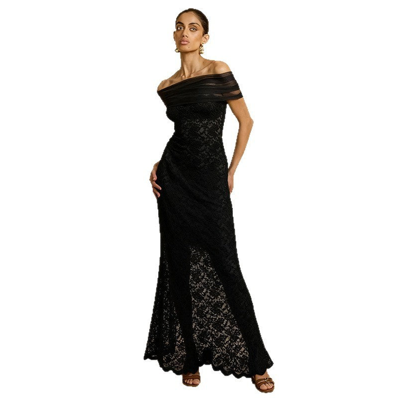 Women's Off-shoulder See-through Lace Split Slim-fit Sheath Dress