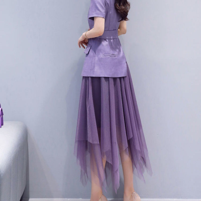 Solid Color Irregular Mesh Skirt High Waist A- Line Skirt