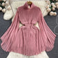 Spring And Autumn Pleated Bell Sleeve Turtleneck Dress