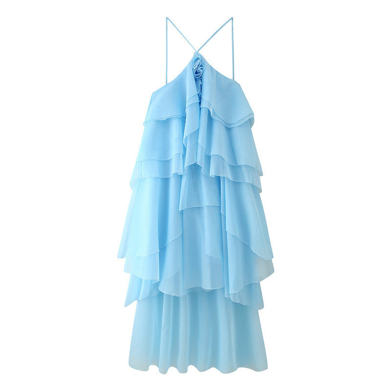 Summer Multi-color Laminated Halter Flower Decorative Sling Dress