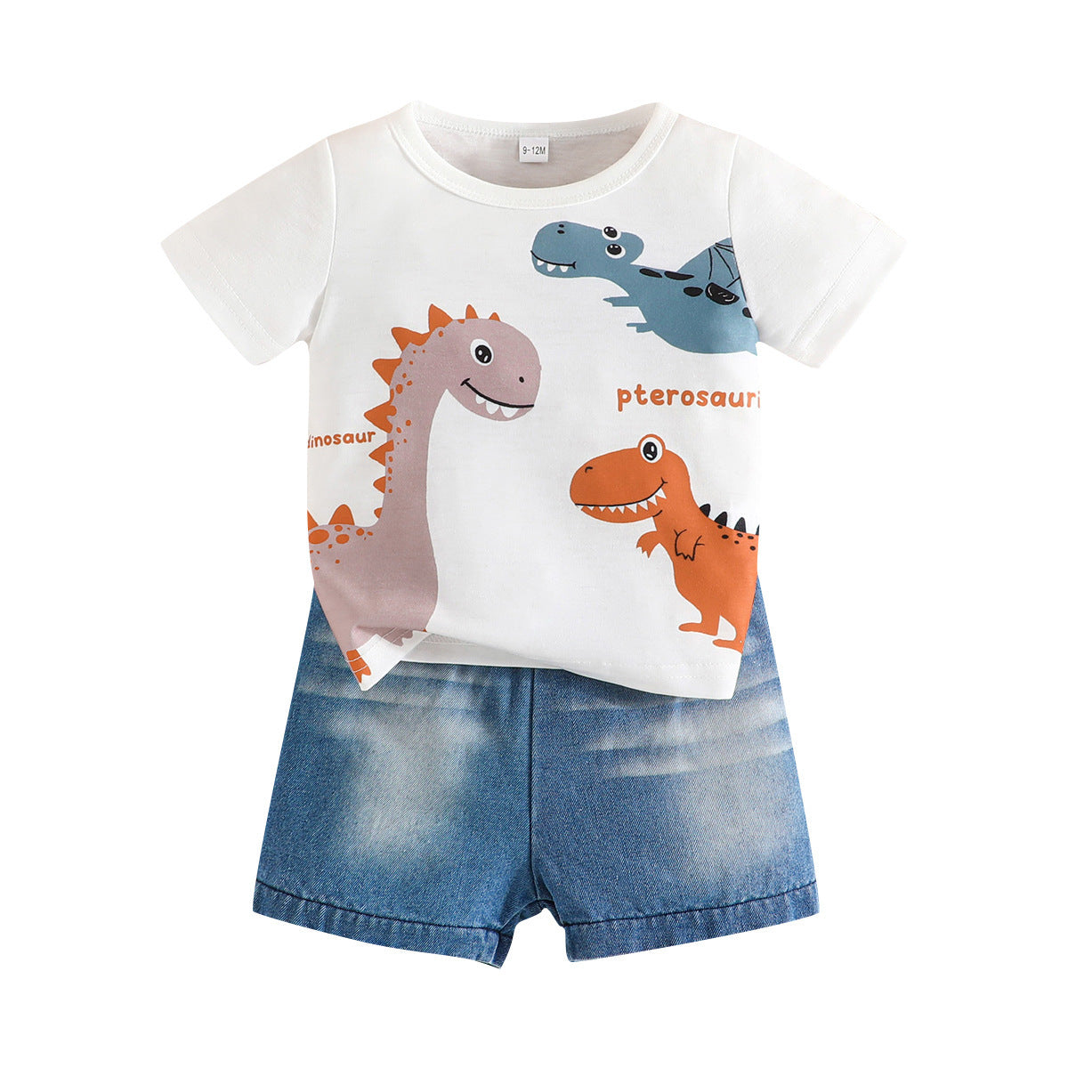 Summer Boy Dinosaur Printed T-shirt Denim Shorts Suit