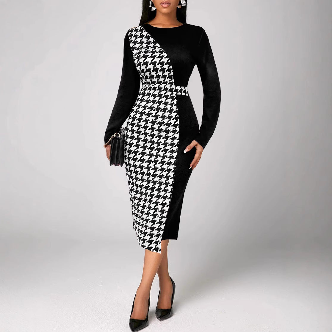 Multicolor Printing Cross Hem Neck Stripe Long Sleeve Plus Size Dress