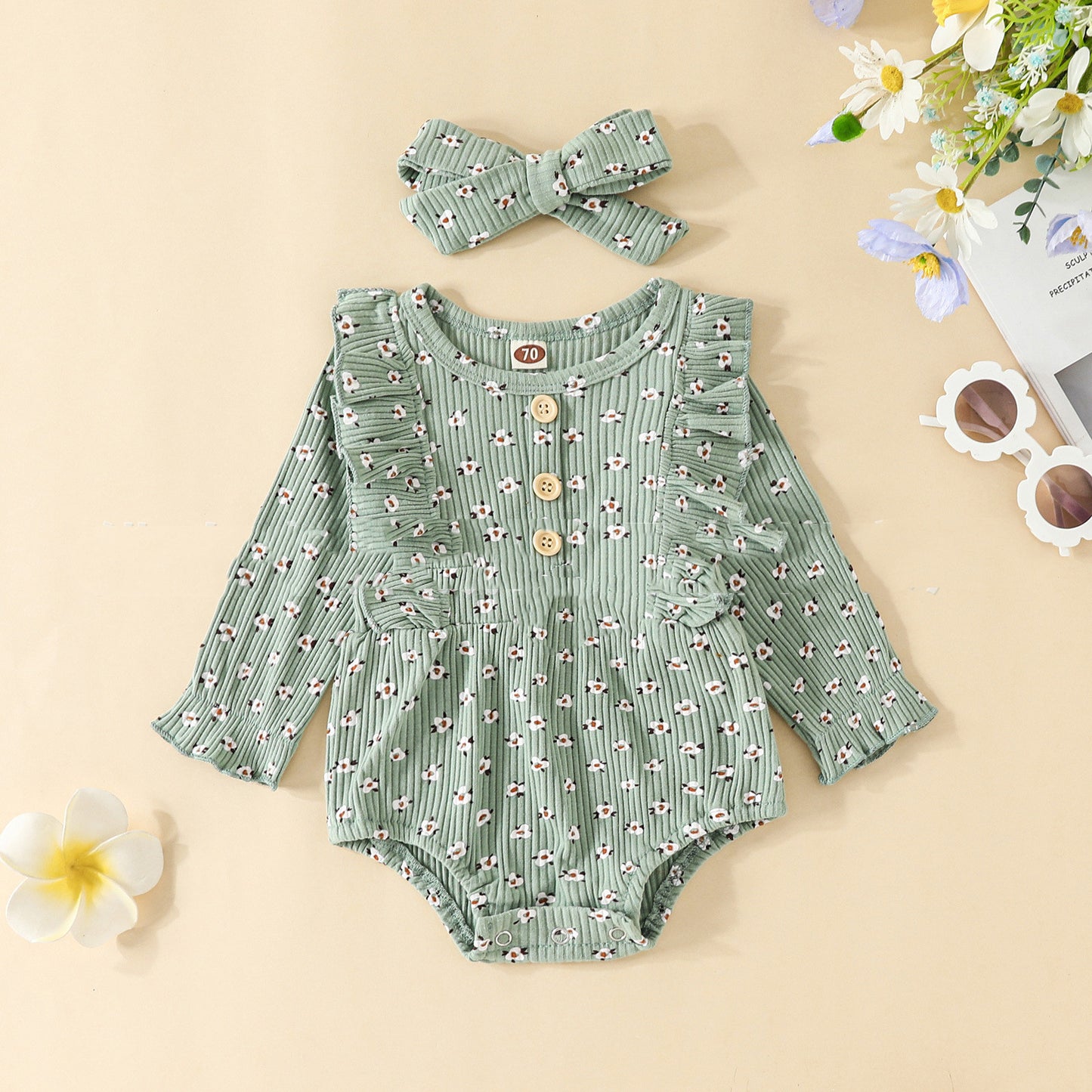 Barboteuse triangle à manches longues en coton simple et tendance pour filles, à rayures profondes et imprimée
