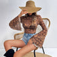 Mesh Floral Print Round-neck Flared Sleeves Long Sleeve