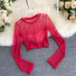 See-through Mesh Hollow Solid Color Pullover Long Sleeve