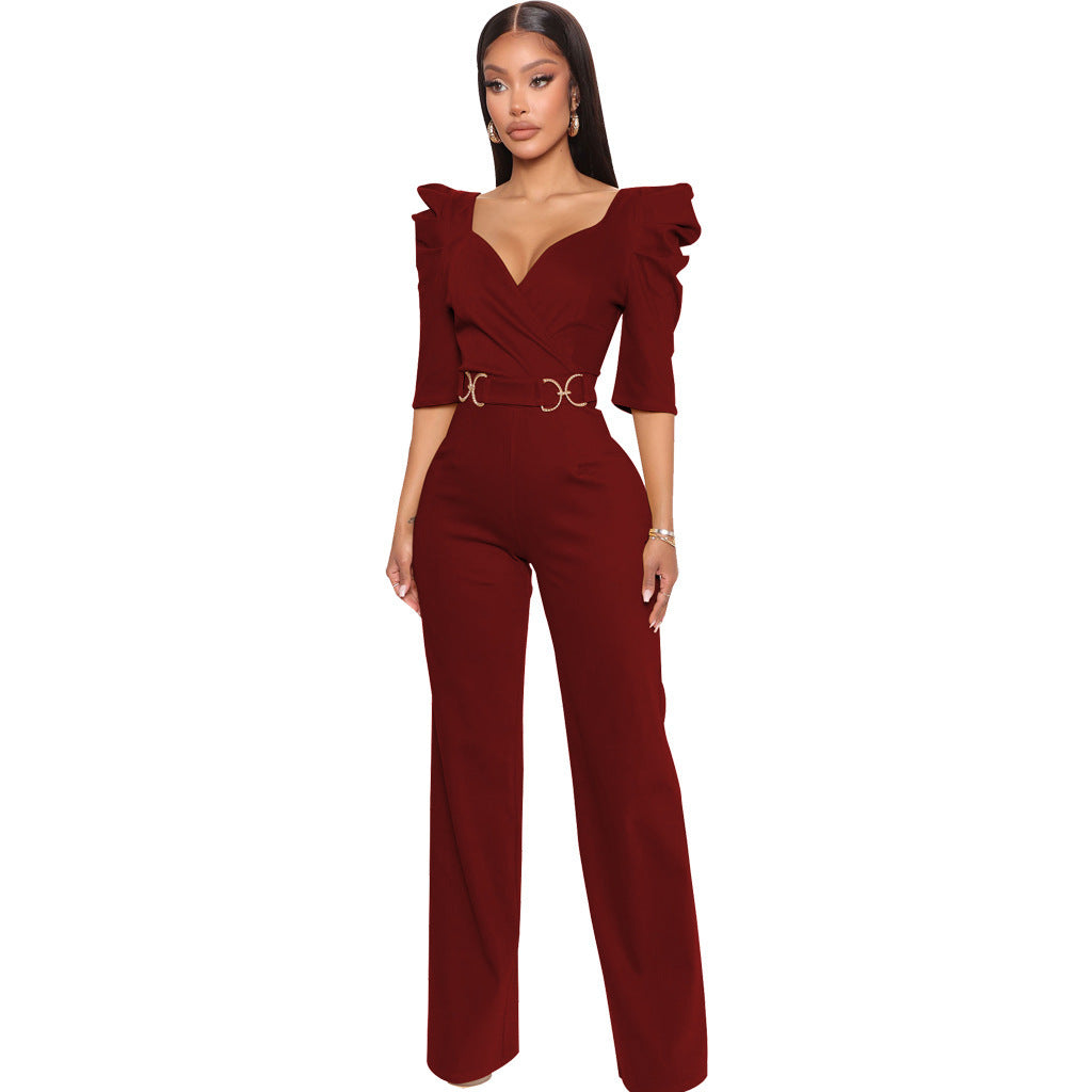 Long Sleeve V Underwear Wide Leg Jumpsuit
