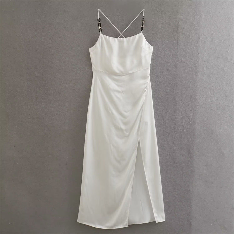 Chain Ornament Silk Satin Texture Dress