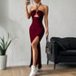 Womens Solid-Color Casual Halterneck Slim-Fit Dress