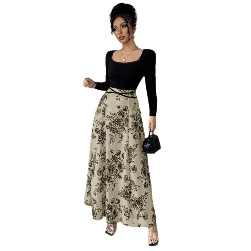 Women's Printed Square-Neck Patchwork Lace-Up Dress