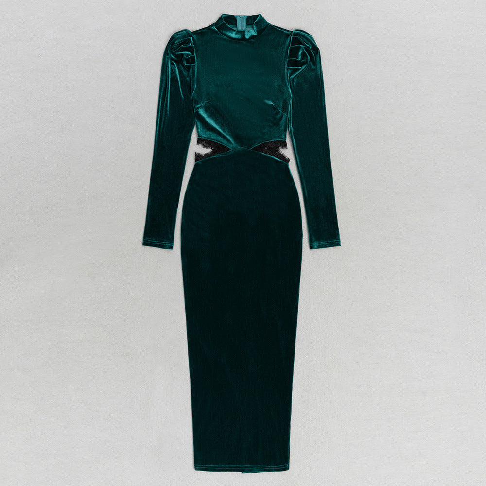 Robe en velours ajourée à manches longues et bulles