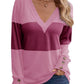 Color Block Stitching Fastener Decoration Casual V-neck Top