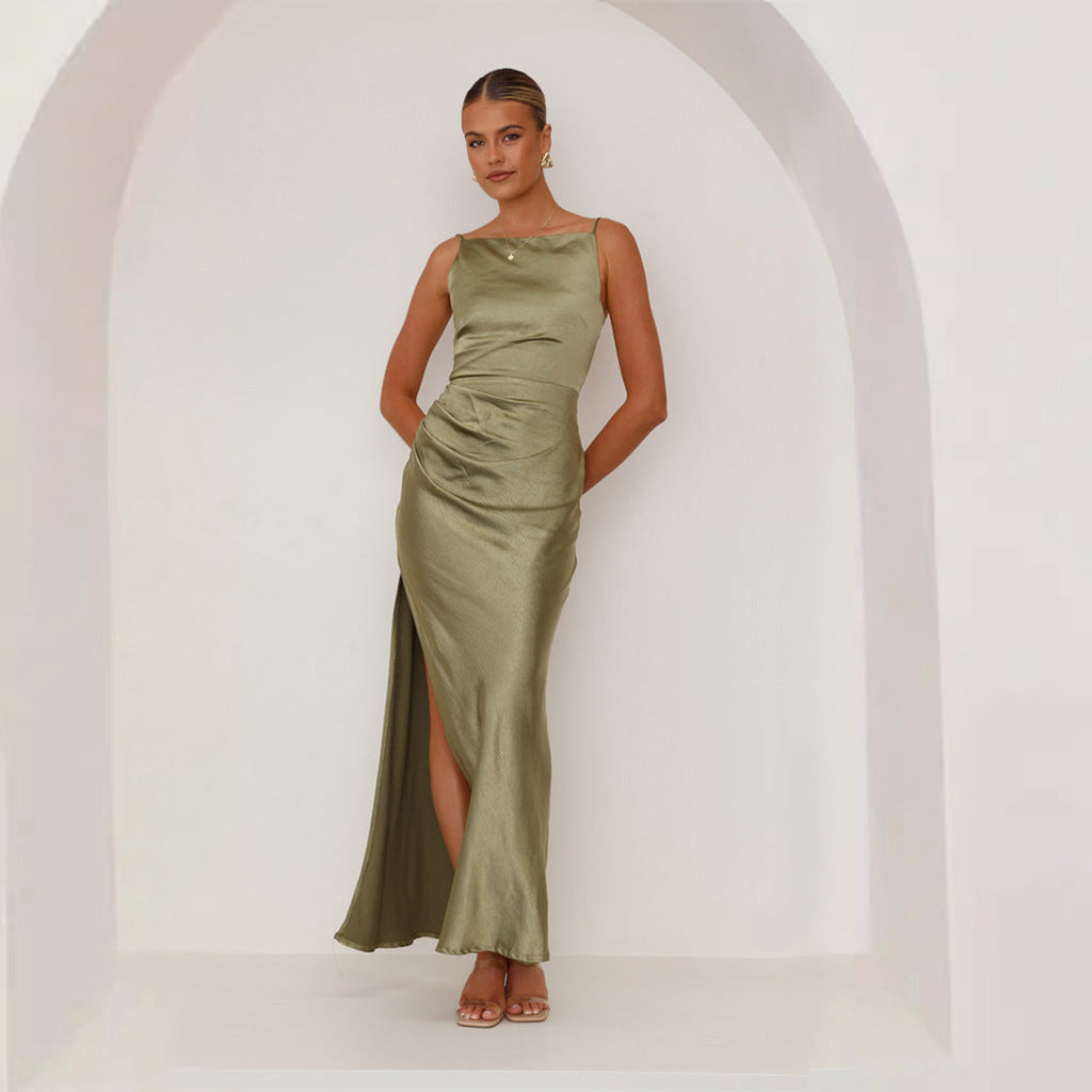 Solid Color Backless Slit Mid-length Sleeveless Sling Dress