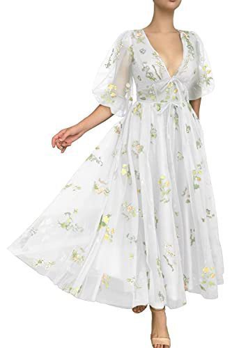 Robe mi-longue brodée en dentelle de fête