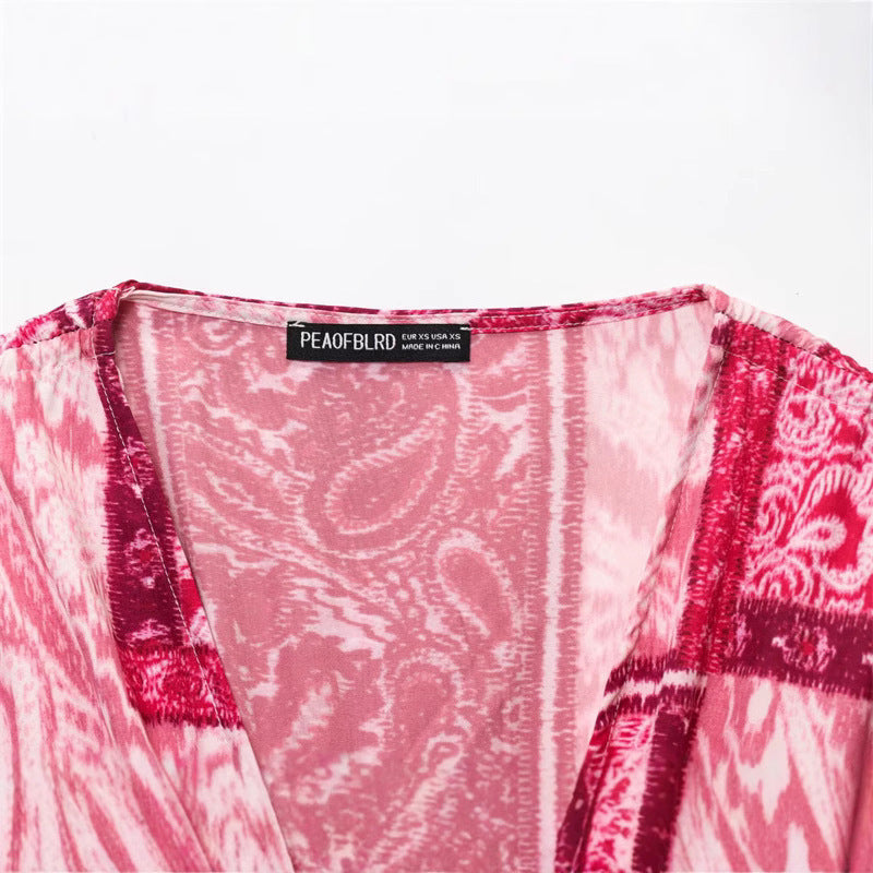 V-neck Hollow Midriff Outfit Patchwork Printed Short Sleeve Dress