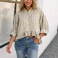 Women's Casual Loose Striped Shirt With Ruffled Hem And Short Sleeves